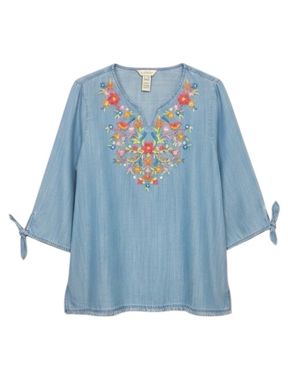 Multiples 3/4 Tie Sleeve Notch Neck Raw Hem Embroidered Top Size Medium